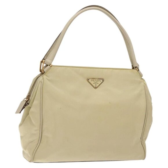 PRADA Hand Bag Nylon Leather Beige Gold Auth 129935 - Picture 1 of 16